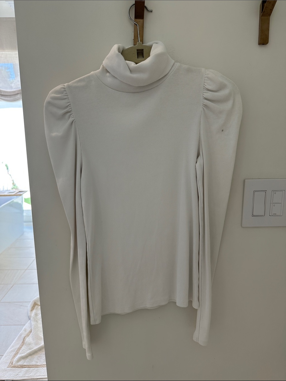 Veronica Beard Cream Turtleneck with Puff Shoulders